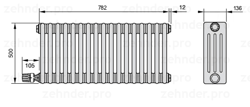 Схема (чертеж) Радиатор Zehnder Charleston 4050/17 №V003 Белый глянцевый RAL 9016